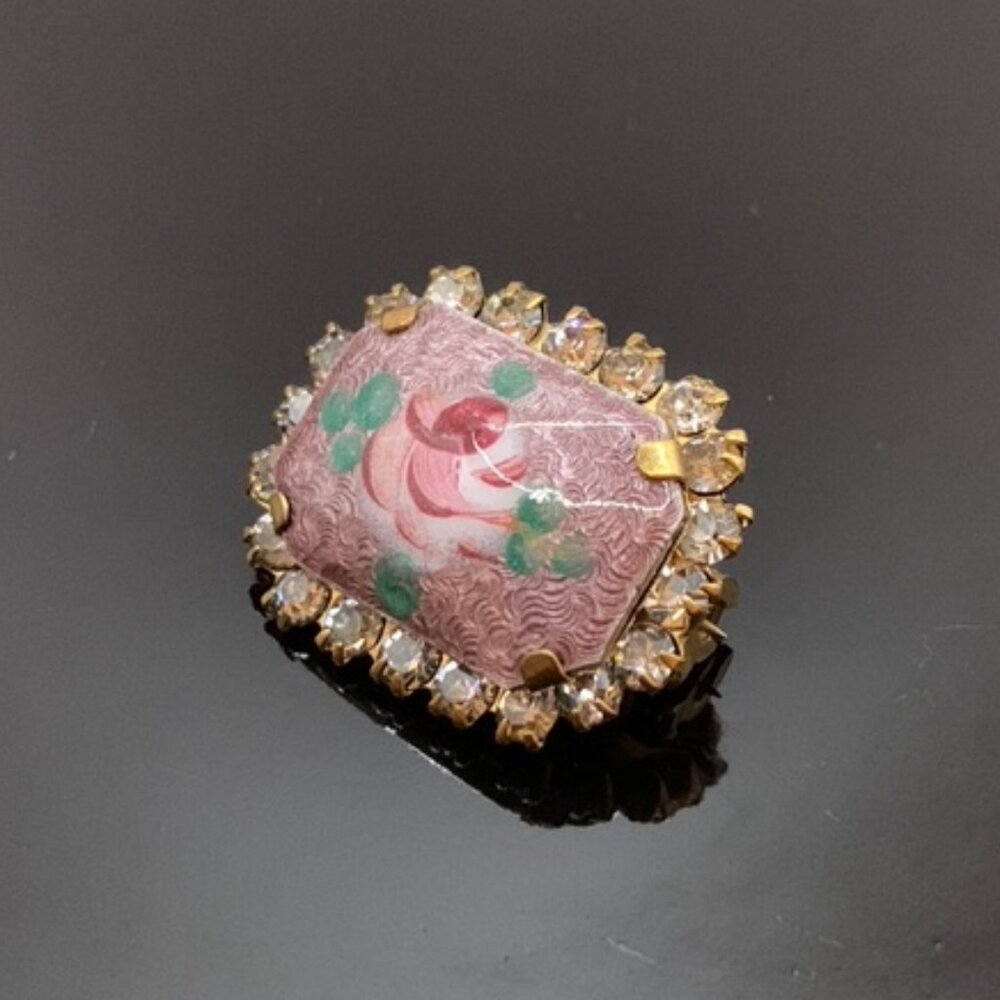 Estate Vintage Hand Painted Rose Guilloche Enamel Rhinestones Brooch Pin J707